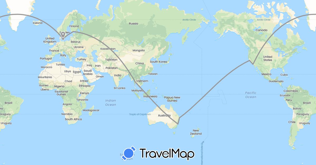 TravelMap itinerary: driving, plane in Australia, Denmark, Finland, Thailand, United States (Asia, Europe, North America, Oceania)